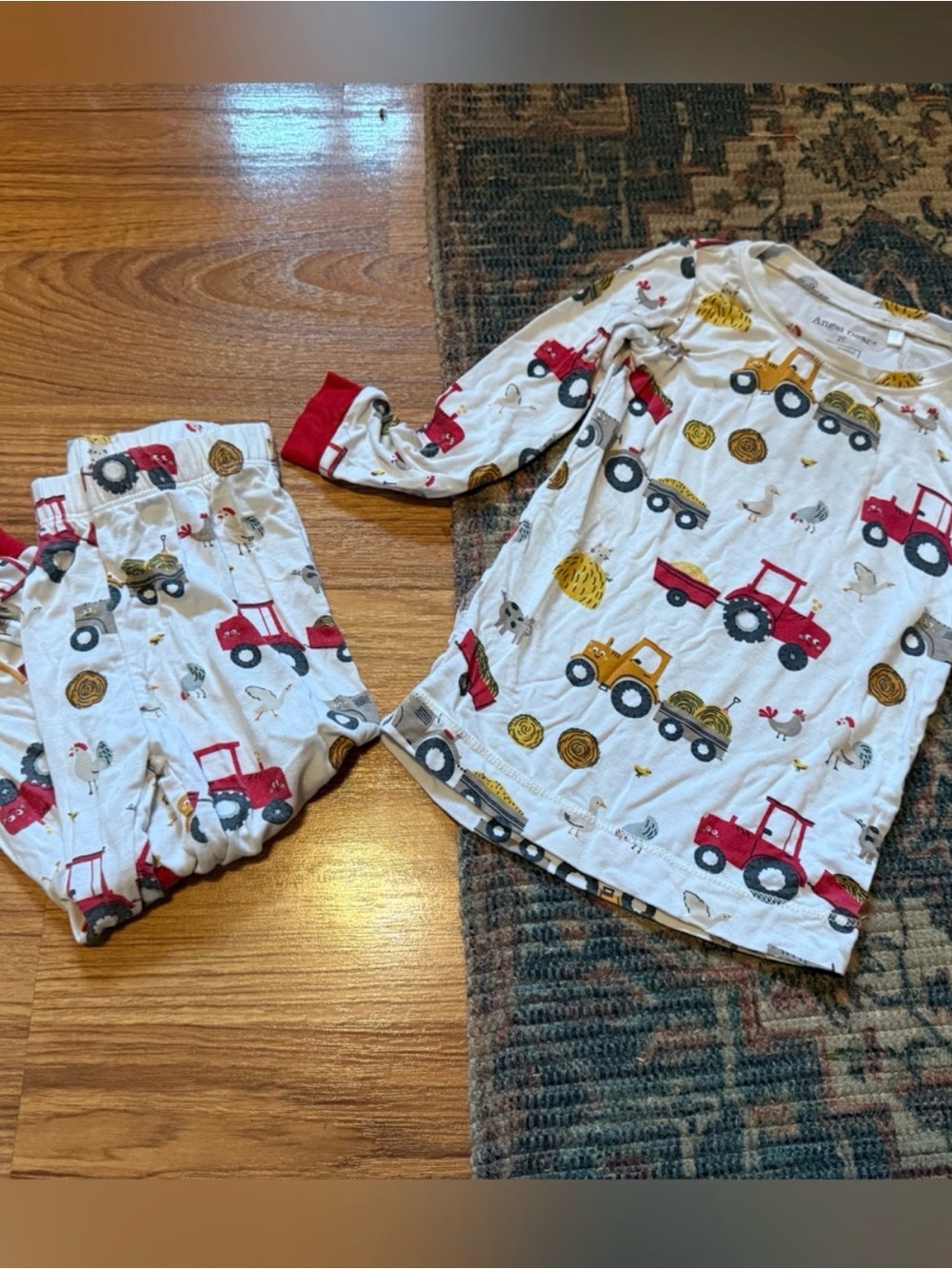Angel Dear White Pajama Set with Red and Yellow Tractor Print
